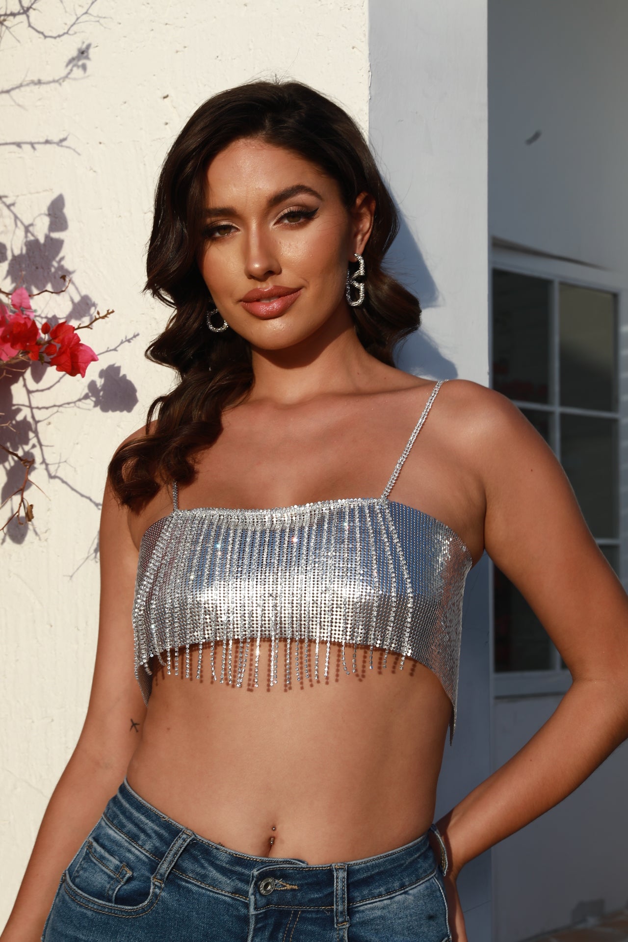 Nanyi Fashion thin strap diamond chain tassel super short top PO-V005