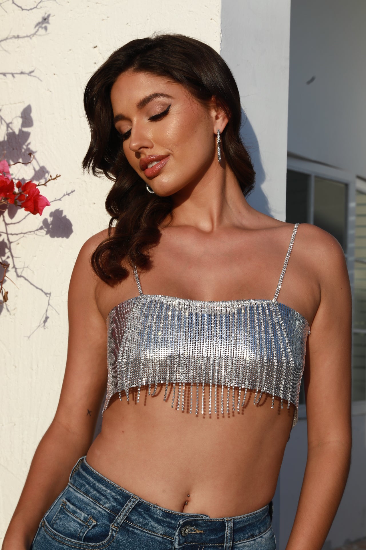 Nanyi Fashion thin strap diamond chain tassel super short top PO-V005